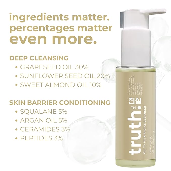 truth진실 Oil to Milk Cleanser 100ml Facial Cleanser GRAPESEED 30% + SUNFLOWER SEED 20% + ALMOND 10% + ARGAN 5% + SQUALANE 5% + CENTELLA ASIATICA 5% ADVANCED KOREAN CLEANSER