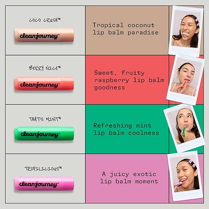 cleanjourney Lip Balm Set, 99% Natural Origin, Nourishes & Protects, Castor Oil, Coconut Oil & Shea Butter, EWG Verified, Vegan, For Dry Lips, Mint, Raspberry, Exotic & Coconut, 0.14 Oz (Pack of 4)