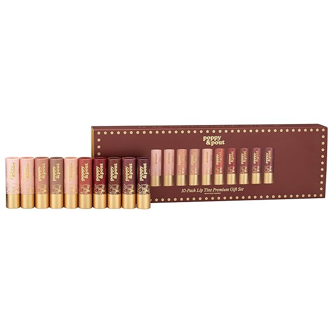 Poppy & Pout All Natural Lip Tints, Sustainable Cardboard Tubes, Hand-filled, Beeswax, Vitamin E, Coconut Oil, Cruelty Free (10pk Premium Gift Set)