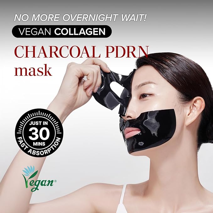 Mary&May Vegan Collagen Charcoal PDRN Mask - Face Sheet Hydrogel Mask - Low Molecular Collagen, 8 Hyaluronic Acid, Niacinamide - Purifying, Hydrating Korean Skincare for Dull & Oily Skin, 4 Sheets