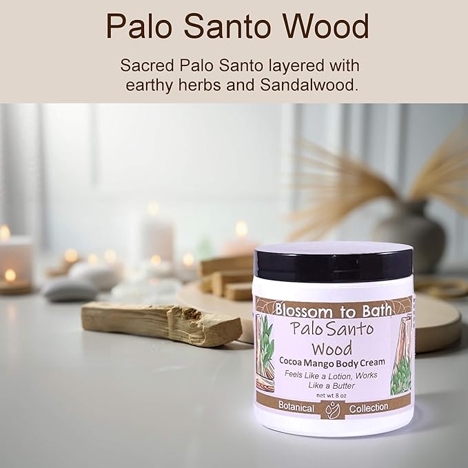 Blossom to Bath Palo Santo Wood Cocoa Mango Body Cream (8 Ounce) - Natural Fragrance - Feels Like A Lotion And Works Like A Butter with a Spa Inspired Herbal Scent