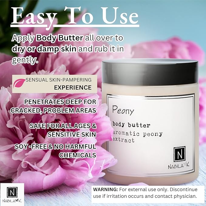 Nabila K Body Butter - Daily Moisturizer for Body Care - Skin Hydrating Deep Moisturizing - Natural Ingredients - Peony - 9 oz
