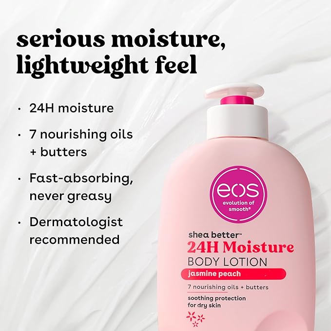 eos Shea Better Body Lotion Jasmine Peach, 24-Hour Moisture Skin Care, Lightweight & Non-Greasy, Natural Shea, Vegan, 16 fl oz