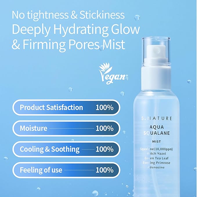 S.NATURE AQUA SQUALANE MIST, Vegan, Face Spray, Light-weight Face Moisturizer, Hydrating Mist for Glow Skin, Green Tea Extract for soothe skin, Korean Skincare (100ml, 3.38 fl oz.)