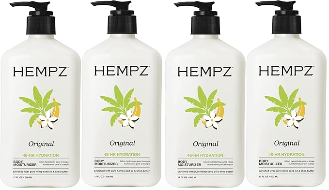 Hempz Original, Natural Hemp Seed Oil Body Moisturizer with Shea Butter & Ginseng, Pure Herbal Skin Lotion for Dryness, Nourishing Vegan Cream, Floral and Banana, 17 Fl Oz, 4 Pack
