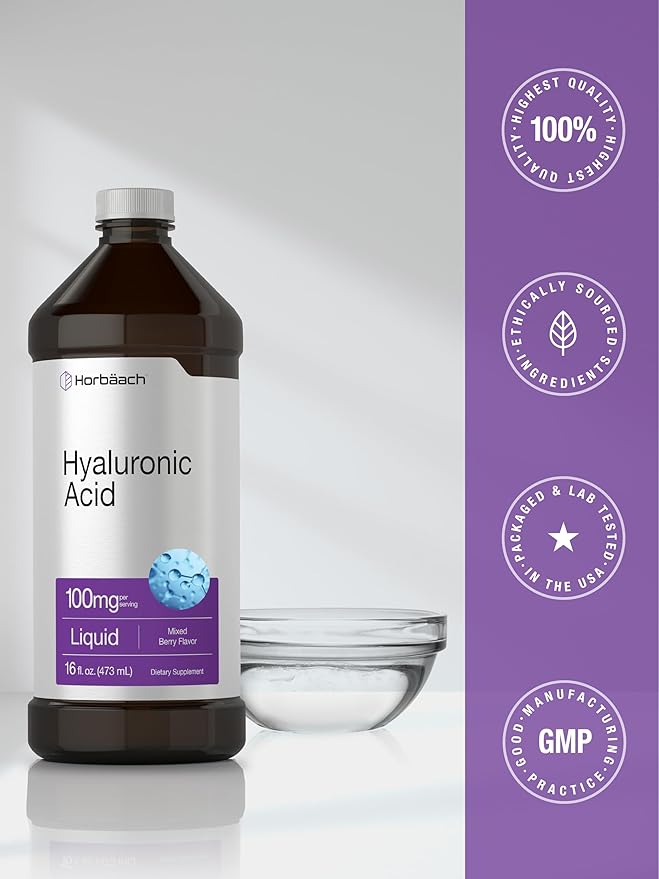 Horbäach Liquid Hyaluronic Acid Supplement | 100 mg | 16 oz | Mixed Berry Flavor | Non-GMO and Gluten Free Formula