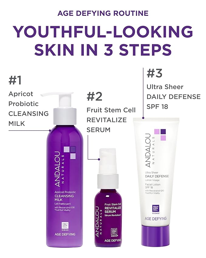 Andalou Naturals Age Defying Ultra Sheer Daily Defense Facial Lotion SPF 18 - Lightweight Sunscreen Moisturizer for Face - With Resveratrol CoQ10 - For All Skin Types - 2.7 oz
