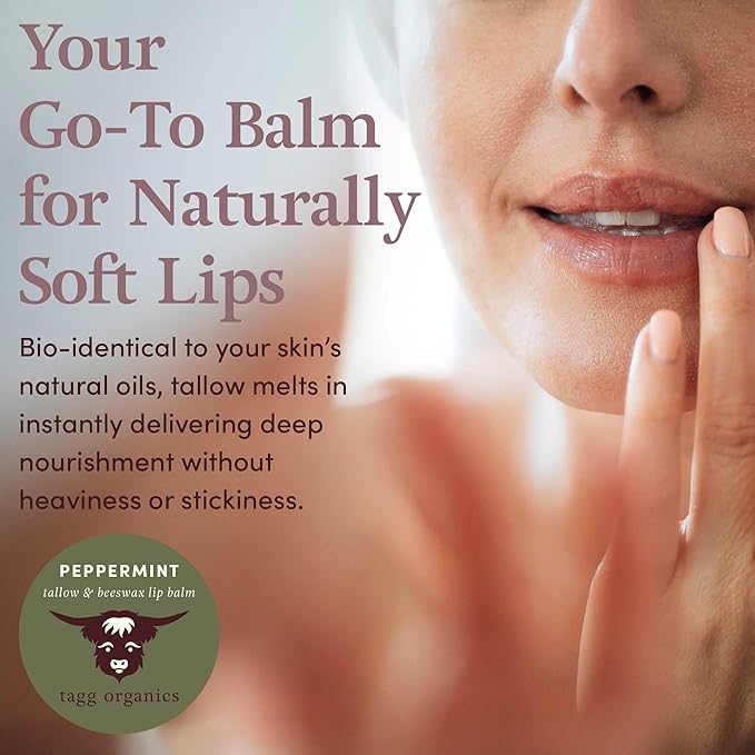 Peppermint Moisturizing Tallow Lip Balm – Nourishing & Soothing with Organic Grass-Fed & Finished Tallow, 100% All Natural Beeswax & Essential Oils for Soft, Hydrated Lips, 0.5 oz., by Tagg Organics.