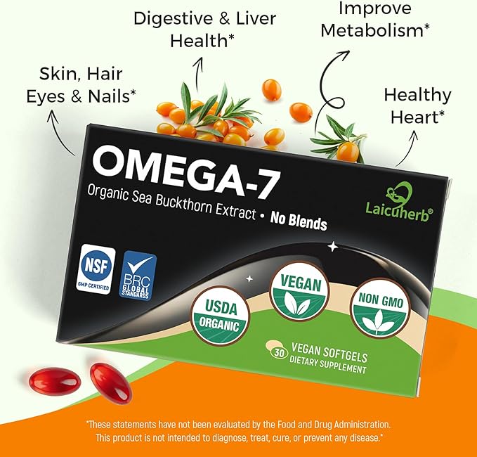 Organic Omega 7 Sea Buckthorn Oil Capsules - Omega 7, 3-6-9 Supplements for Skin, Eye, Hair & Nail Health, Hydration & Wellness Support，USDA-Certified, 30 Softgels, Travel-Friendly