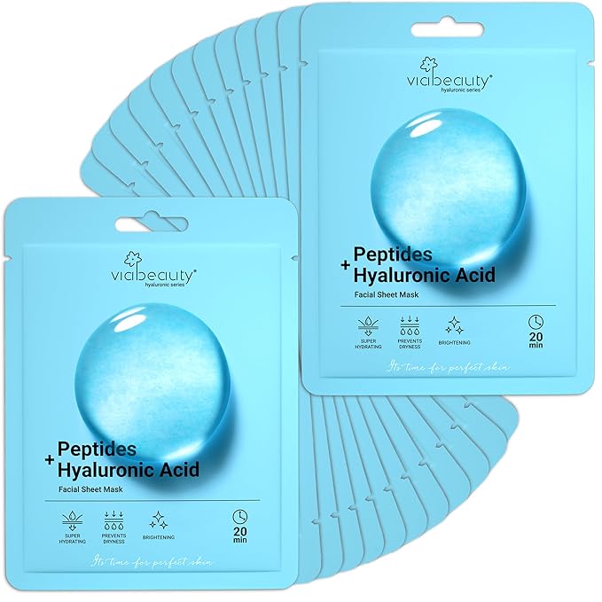 VIABEAUTY 24 Pack of Hyaluronic Acid Face Mask with Peptides Complex - Deep Hydrating & Brightening Facial Sheet Mask - Moisturizing Face Masks Skincare Facial Sheets for All Skin Types