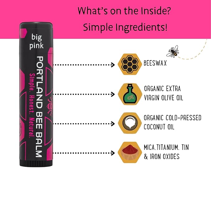 Portland Bee Balm All Natural Handmade Tinted Shimmer Beeswax Based Lip Balm, Big Pink 1 Count