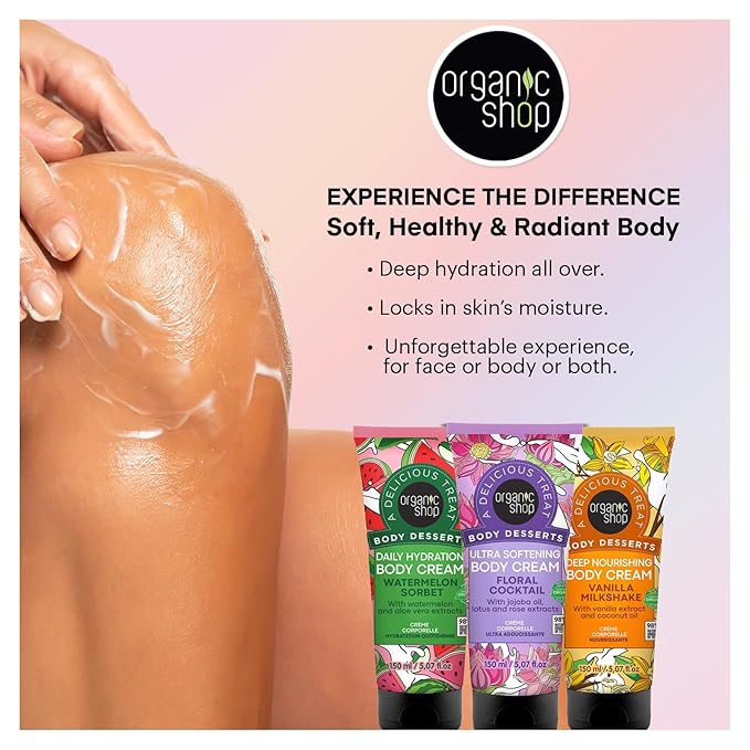 Organic Shop Jojoba Oil, Lotus & Rose Extract, Ultra Softening & Hydrating Body Cream, 100% Vegan & Organic, Daily Moisturizer, Body, Face & Hand Natural Lotion, Intensive Care Hydration. 150ml