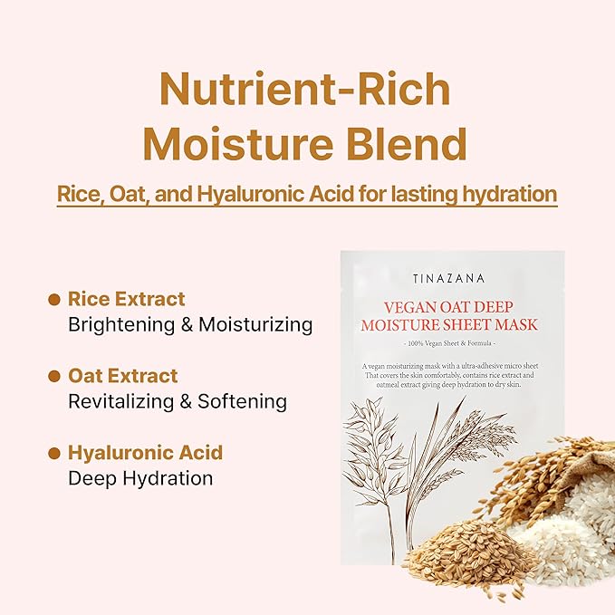 Vegan Oat Deep Moisture Sheet Mask, pH Balanced with Rice & Oat Extracts, Hyaluronic Acid, Plant-Based Microfiber, 5 Sheets