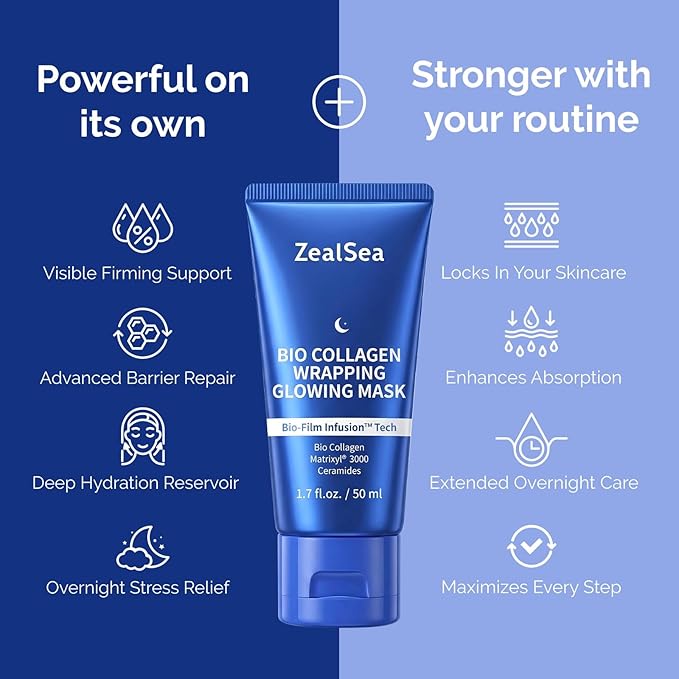 ZealSea Bio Collagen Wrapping Overnight Peel Off Face Mask | Matrixyl 3000 Peptide for Firming, Plumping, Elasticity & Barrier Repair, Boosts Skincare Results, Smoothness & Glow While You Sleep, 1.7OZ