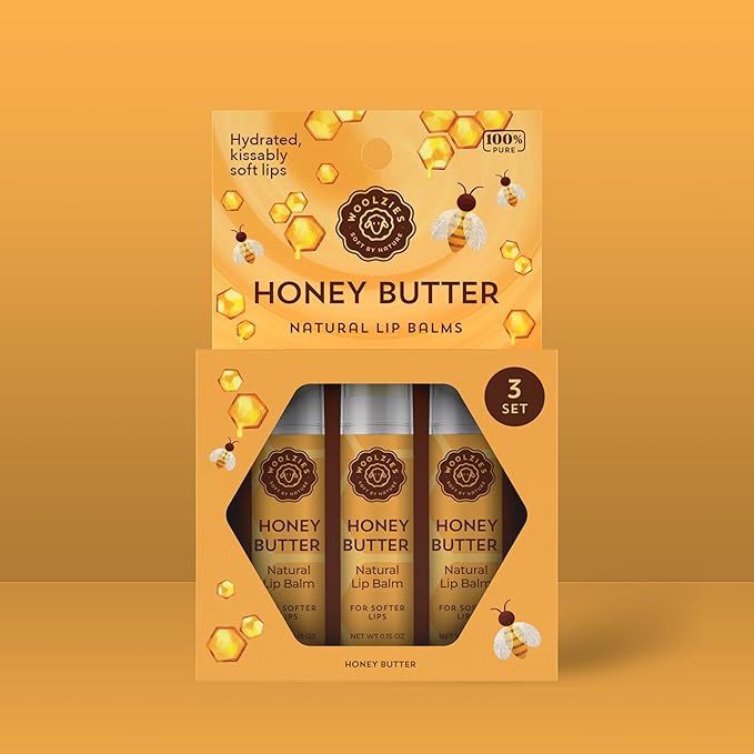 Lip Balm Set: All-Natural Shea Butter, Beeswax, Coconut Oil, Vitamin E Infused Lip Moisturizer Care (3 Pack, Honey Butter)