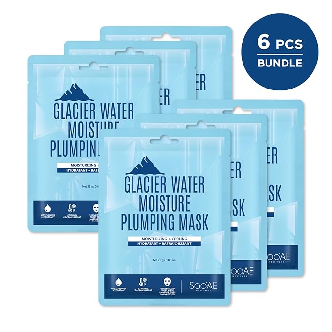Soo'AE Glacier Water Moisture Plumping Mask [6 Count] for Dry & Dehydrated Skin, Moisturizing + Cooling, Vegan, Premium Quality, Smooth Complexion, Korean Skincare, Self Home Care