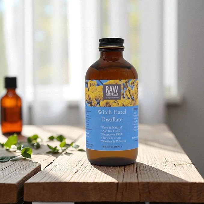 RAW MATERIALS Witch Hazel Distillate, Alcohol-Free, Fragrance-Free, Natural Astringent Toner for Face, Skin Brightening, 8oz Glass Bottle