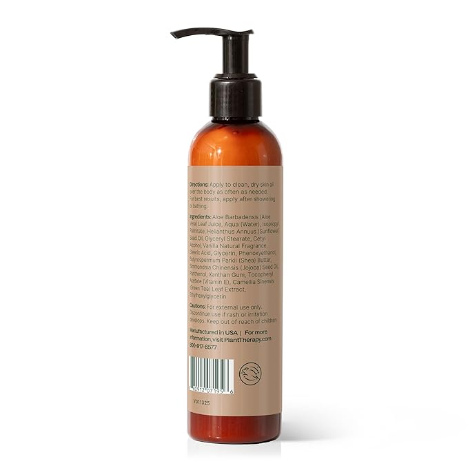 Plant Therapy Vanilla Body Lotion with Aloe and Shea 8 oz Sweet Vanilla Scent, Naturally Moisturizing Ingredients, Soothes & Nourishes Skin