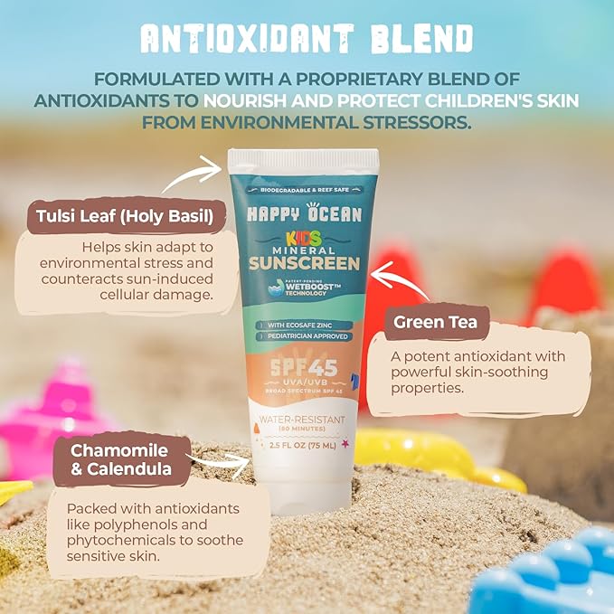 Happy Ocean Kids Mineral Sunscreen SPF 45 – Reef Safe, Non-Toxic Sunscreen for Kids, Non-Greasy Zinc Oxide, Travel Size, Water Resistant, Face & Body