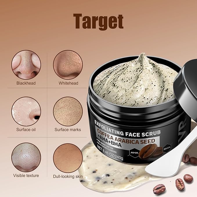 JVR Face Scrub for Men, Facial Scrub for Deep Exfoliating, Cleansing Blackheads, Ingrown Hair, Pre-shave Soften, Organic Formulated with Coffee Extract, AHA and BHA Face Exfoliator (8.46 oz)