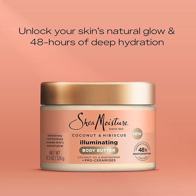 SheaMoisture Illuminating Body Butter with Coconut & Hibiscus, Niacinamide and Pro-Ceramides, Renewing Skin’s Natural Glow, 48H Moisturizing 11.5 oz,(Pack of 2)