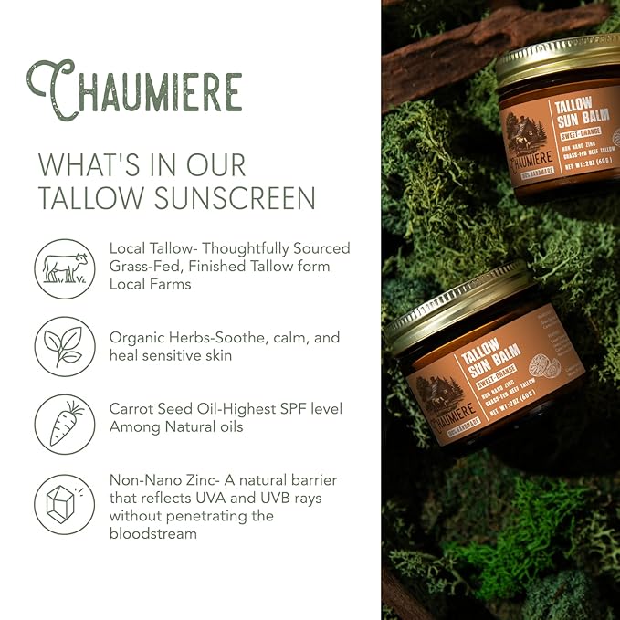 Sweet Orange Tallow Sunscreen SPF 50 – Grass-Fed Beef Tallow Balm with Carrot Seed Oil & Non-Nano Zinc – Organic Face & Body Moisturizer, Reef Safe, Naturally Scented – 2.5oz x3, Made in USA