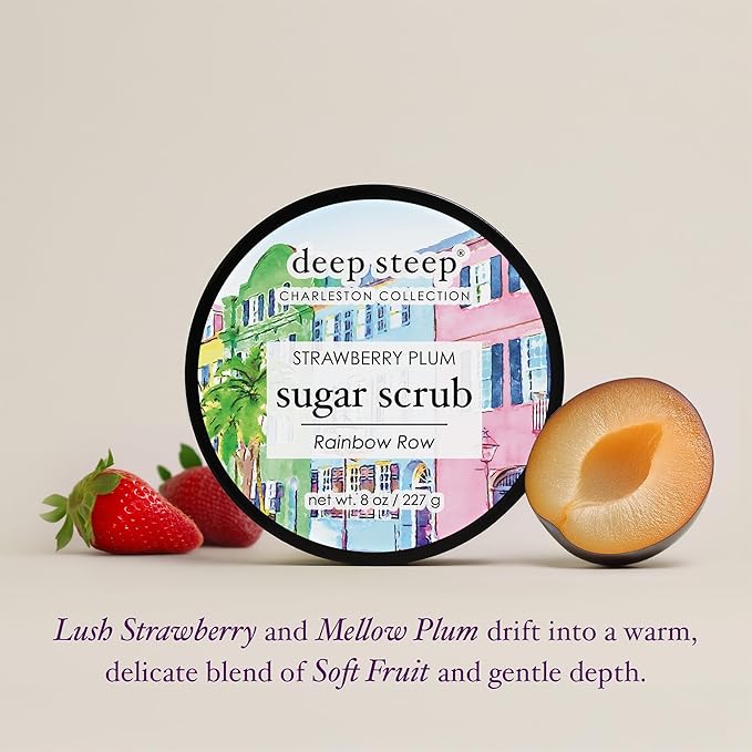 Deep Steep Sugar Scrub, Strawberry Plum (Rainbow Row), 8 oz – Exfoliating Body Scrub with Organic Coconut Oil, Shea Butter & Argan Oil – Vegan, Clean Beauty, Smooth, Soft & Nourished Skin