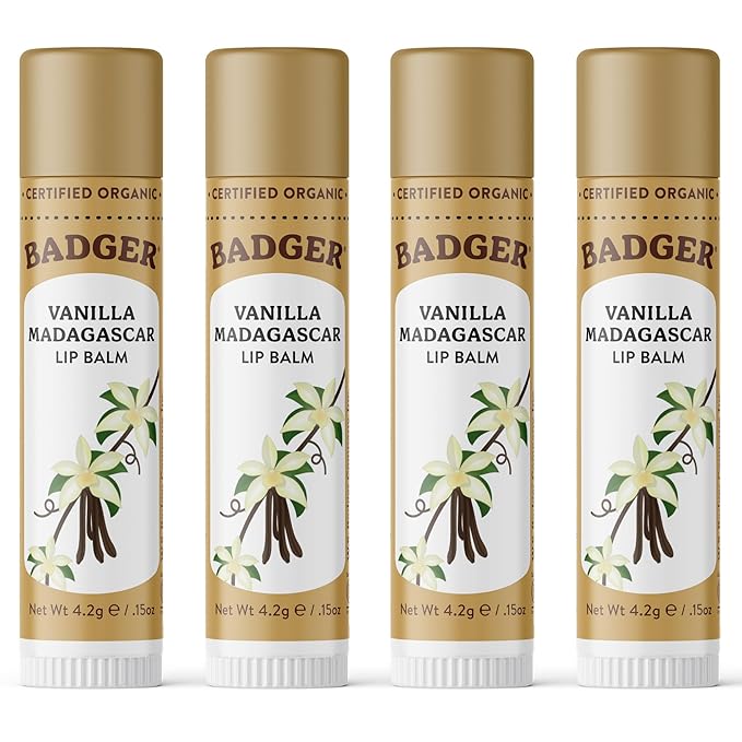Badger Vanilla Madagascar Classic Lip Balm, 100% Organic Lip Balm, Long Lasting Lip Care w/Light Silky Texture, Comforting & Relaxing, 4 Pack