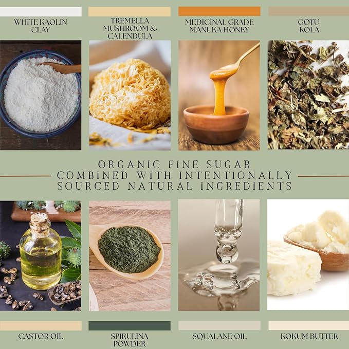 Emulsified Face Sugar Scrub, Organic squalane oil/Castor oil: Tremella Mushroom/Chamomile/Gotu Kola/Calendula/White Kaolin Clay, Manuka Honey-Gentle exfoliant-Dry/Sensitive/Mature skin (RENEW)