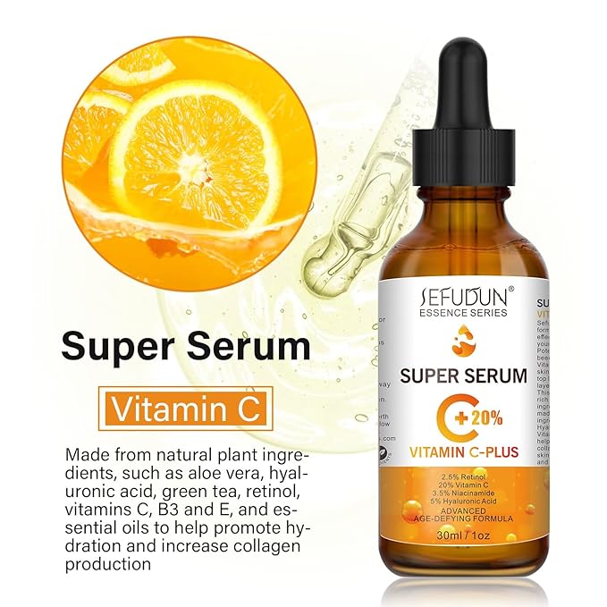 Vitamin C Serum, 20%, Retinol, Anti-Aging, For dark spots, Face Serum with Hyaluronic Acid, 1oz