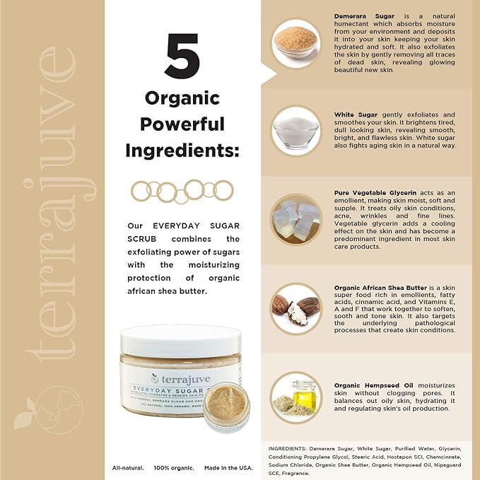 Terrajuve Sugar Scrub - Made of Demerara Sugar and Enriched with Raw Shea Butter Exfoliating Body and Face Scrub Hydrates, and Renews Skin to a Natural Shine Pure, Organic, Made in USA