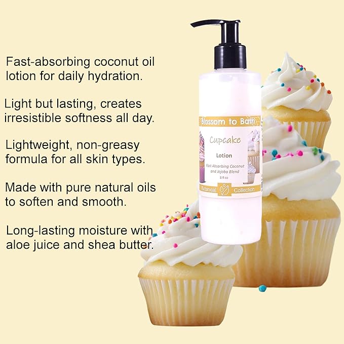 Blossom to Bath Cupcake Lotion (8 Ounce) - Natural Fragrance - Absorbs Quickly with a Rich Vanilla Scent