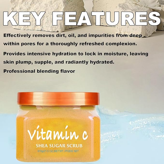 Facial Scrub Vitamin C Shea Sugar Scrub Ultra Hydrating and Exfoliating for Nourishing Essential Body Care Improves Acne Scars, Blackheads, Pore Size, and Skin Texture 21oz