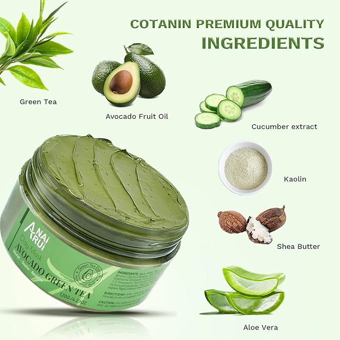 ANAI RUI Green Tea Face Mask with Avocado, Clay Facial Mask for Acne, Mud Mask for Face and Body, Face Cleansing Mask, Hydrating, Nourishing, Soothing, 120g/4.23 oz