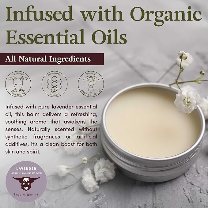 Lavender Moisturizing Tallow Lip Balm – Nourishing & Soothing with Organic Grass-Fed & Finished Tallow, 100% All Natural Beeswax & Essential Oils for Soft, Hydrated Lips, 0.5 oz., by Tagg Organics.