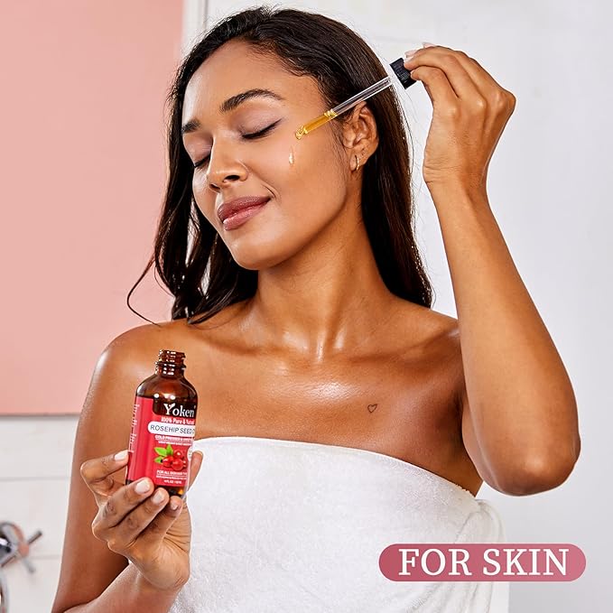 Yoken Rosehip Seed Oil for Face, 100% Pure and Natural Cold Pressed Unrefined Organic Rosehip Carrier Oil for Skin, Hair, Body & Nails - Lightweight, Fast-Absorbing (4 fl oz)