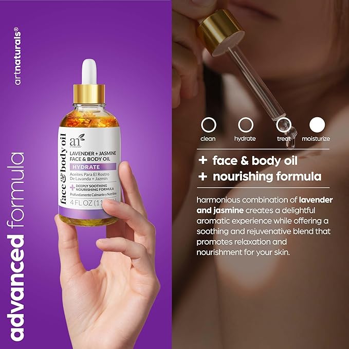 Artnaturals Organic Lavender + Jasmine Face Oil 4.0oz - for Body & Hair - 100% Natural, Moisturize, Rejuvenate & Enhance your skin - Anti-Aging Moisturizer Facial Oil for Fine Lines, Scars & Wrinkles