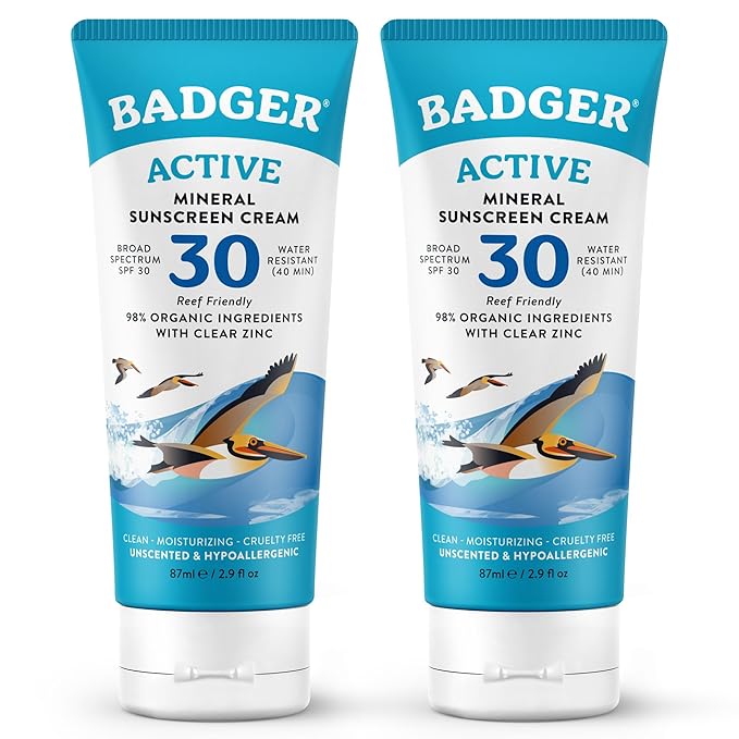 Badger Mineral Sunscreen Cream SPF 30, Zinc Oxide Sun Care, 98% Organic, Reef Safe, Water Resistant, Unscented Face and Body Sunscreen Travel Size, 2.9 fl oz, 2-Pack