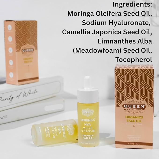 QUEEN MORINGA HYA – Organic Moringa Oil with Hyaluronic Acid for Face – Hydrating & Anti-Aging Facial Oil Serum – Lightweight, Fast Absorbing, Non-Comedogenic, Fragrance-Free Moisturizer - 1 fl oz