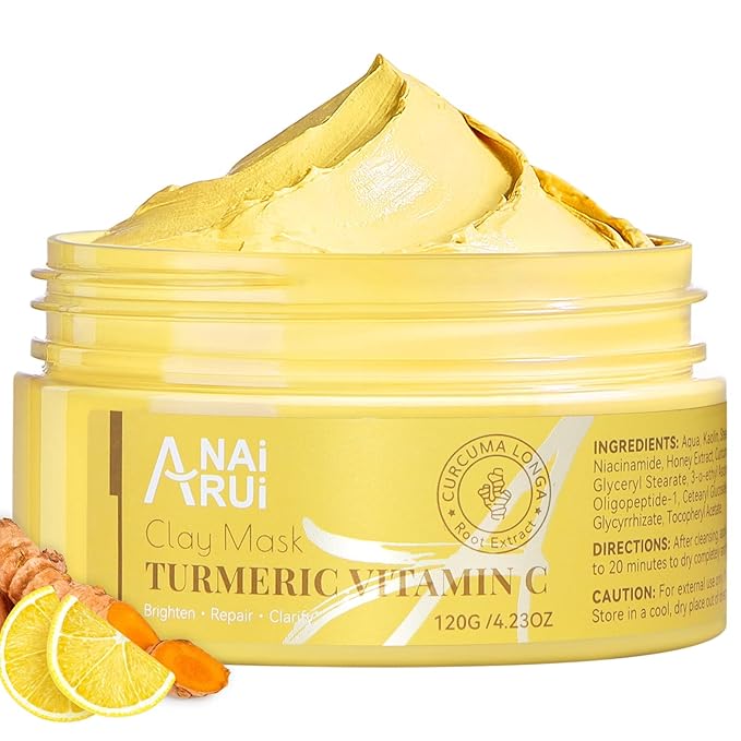 ANAI RUI Turmeric Vitamin C Clay Mask, Vitamin C Clay Facial Mask for Blackheads, Pores, Wrinkles, Fine Lines, Hydrating, Clarifying, Cleansing, Control Oil, 4.23 OZ
