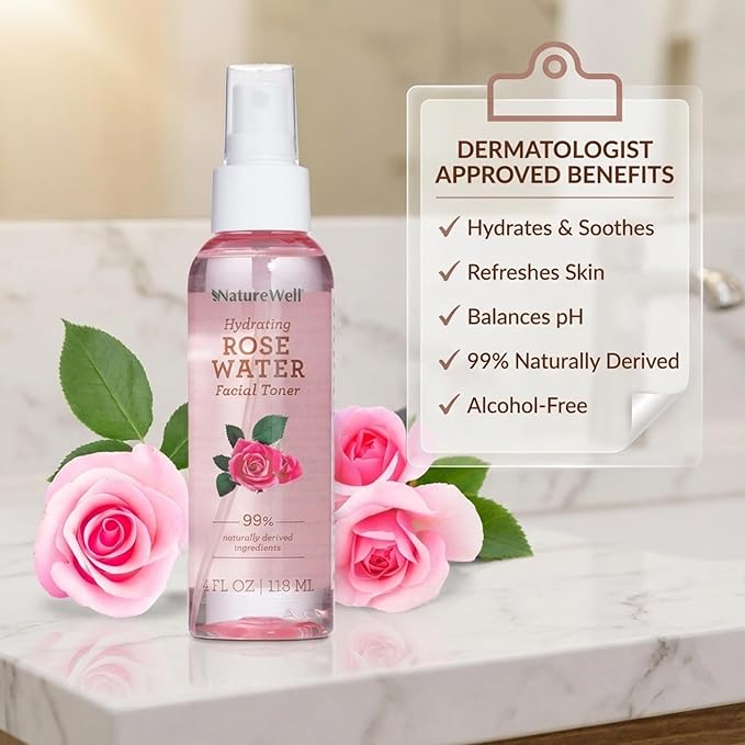 NATURE WELL Rose Water Hydrating Facial Toner Mist for Dewy & Radiant Skin, Refreshing, Conditioning, Soothing, Moisturizing, Perfect for Travel, 4 Fl Oz