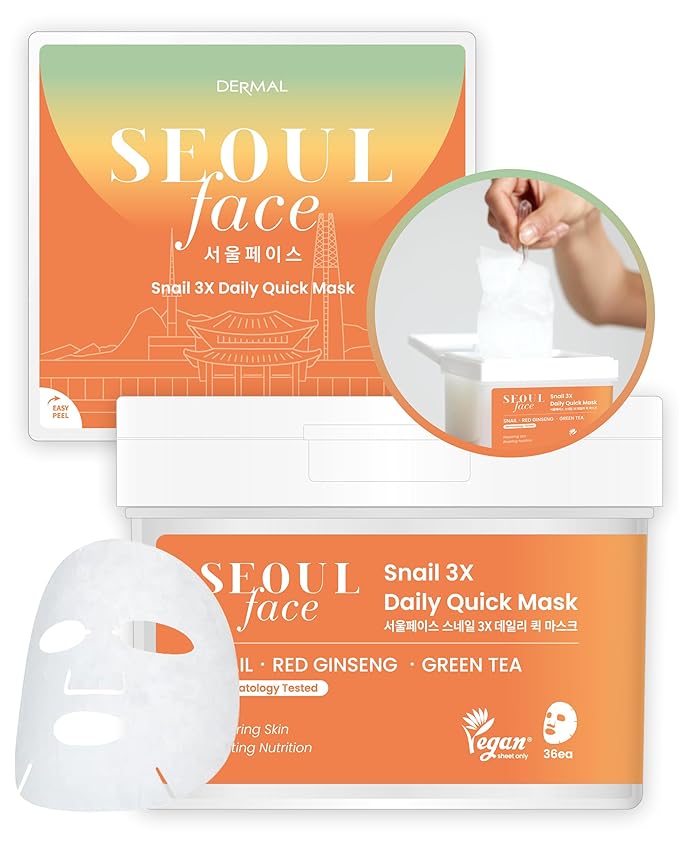 DERMAL Seoul Face Snail Mucin 5-Min Quick Sheet Mask 36 Count Bulk, Korean Morning Pull-Out Dispenser with Tweezers, Red Ginseng Green Tea Antioxidant Face Mask for Skin Renewal, Vegan Tencel