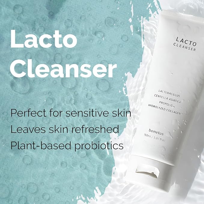 Benetus Lacto Cleanser with Plant-Based Probiotics – Vegan Korean Foam Face Wash, Mild pH Balanced for Sensitive Skin, Soothing Centella, Propolis & Collagen, K-Beauty Skin Barrier Care, 5.07 fl.oz