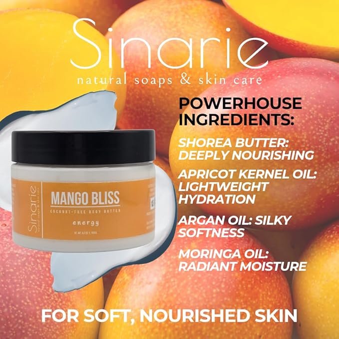 Sinarie Coconut-Free Body Butter | Luxurious Hydration with Shorea Butter, Evening Primrose Oil, Argan & Moringa Oil | Non-Greasy, Natural Ingredients | For Sensitive Skin (5.3 oz., Mango Bliss)
