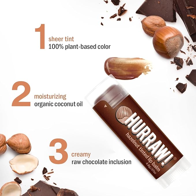 Hurraw! Hazelnut Tinted Lip Balm: (Sheer Brown Tint) Organic, Certified Vegan, Cruelty and Gluten Free. Non-GMO, 100% Natural Ingredients. Bee, Shea, Soy and Palm Free. Made in USA