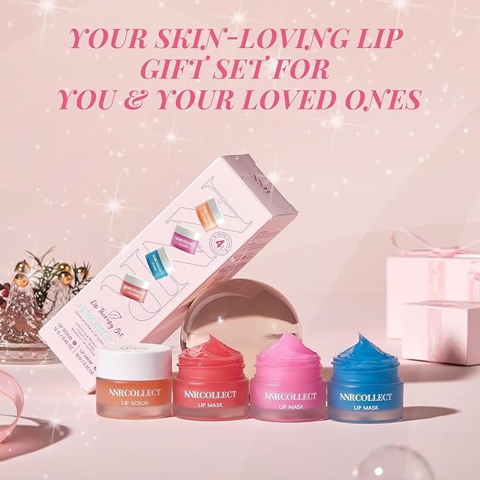 ANRCOLLECT Lip Care Set - Exfoliating Scrub + 3 Overnight Masks for Soft, Hydrated Lips, 4-Pack Gift Set