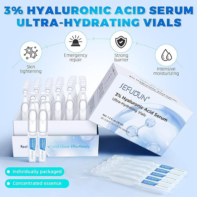 3% Pure Hyaluronic Acid Face Serum, Ultra-Hydrating Vials, 24 Hour Hydrate & Reduce Wrinkles, Anti Aging Serum,Moisturizer for Dry & Sensitive Skin(1.2 fl.oz/30pcs)