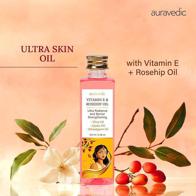 Auravedic Face & Body Oil for Dry, Dull Skin | Deep Hydration with Rosehip, Vitamin E & Almond Oil | Lightweight Daily Moisturizer for Natural Glow | 3.38 Fl Oz (100ml)