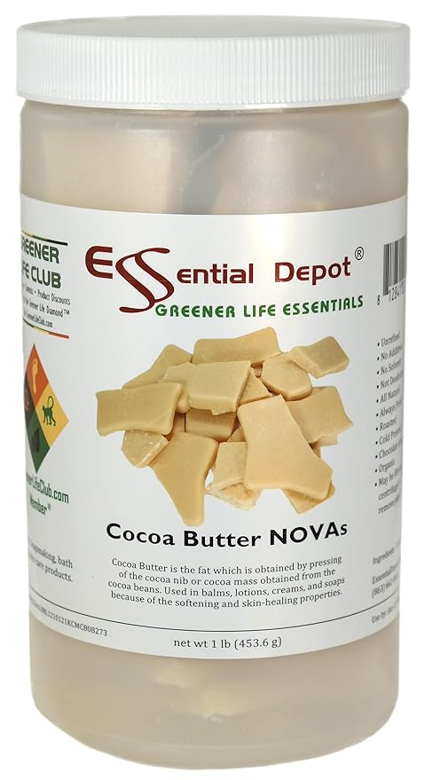 Essential Depot COCOA BUTTER CHIPS & CHUNKS - Unrefined - Organic - 1 lb - NO: Additives, Preservatives, Colorants, or Deodorizers - Unrefined - Safety Sealed HDPE Container with Screw Top Lid