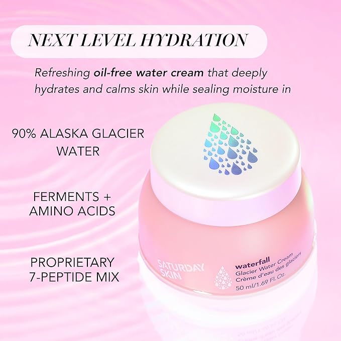Saturday Skin Waterfall Glacier Water Face Cream – Oil Free Korean Face Moisturizer for Oily Skin, Lightweight Gel Face Moisturizer & Cute Moisturizer, Day & Night Korean Night Cream(1.69 Fl Oz/50ml)